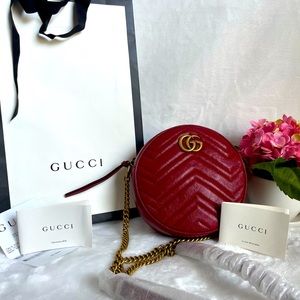 Gucci GG Marmont Round Shoulder Calfskin Matelasse  Red Leather Crossbody Bag